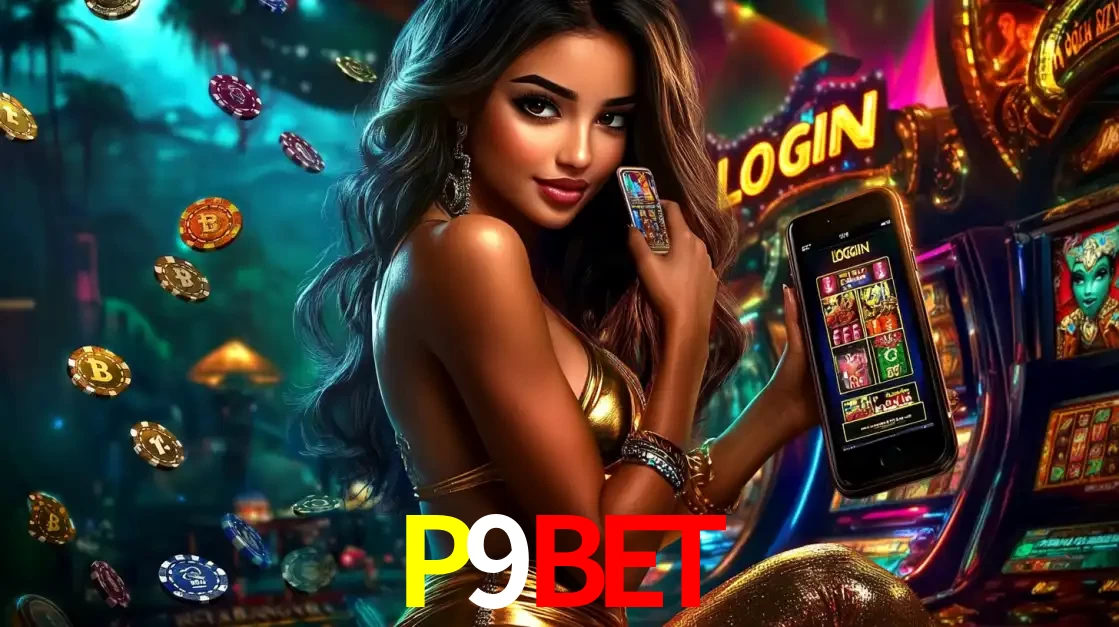 Mulher em um cenário de cassino temático de aventura, mostrando o app de caça-níqueis da P9BET no celular. Fichas de apostas flutuam ao redor.