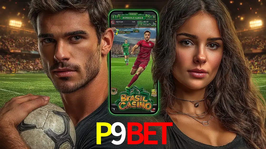 Homem segurando uma bola de futebol e uma mulher ao lado de um smartphone exibindo o jogo de apostas esportivas da P9BET. Faça seu palpite no cassino online.
